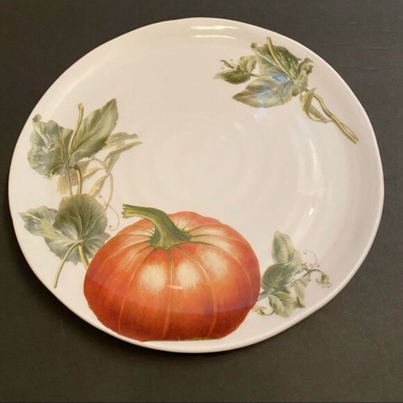 CERAMICA CUORE PLATE PLATTER ITALIAN POTTERY WHITE ORANGE PUMPKIN LEAVES HOME - Picture 2 of 14